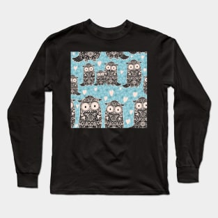 Folk Art Owls, Owlets and Hearts Pattern on Blue Long Sleeve T-Shirt